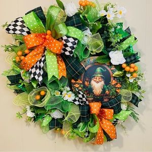 Saint Patrick’s day wreath featuring a cute little leprechaun.